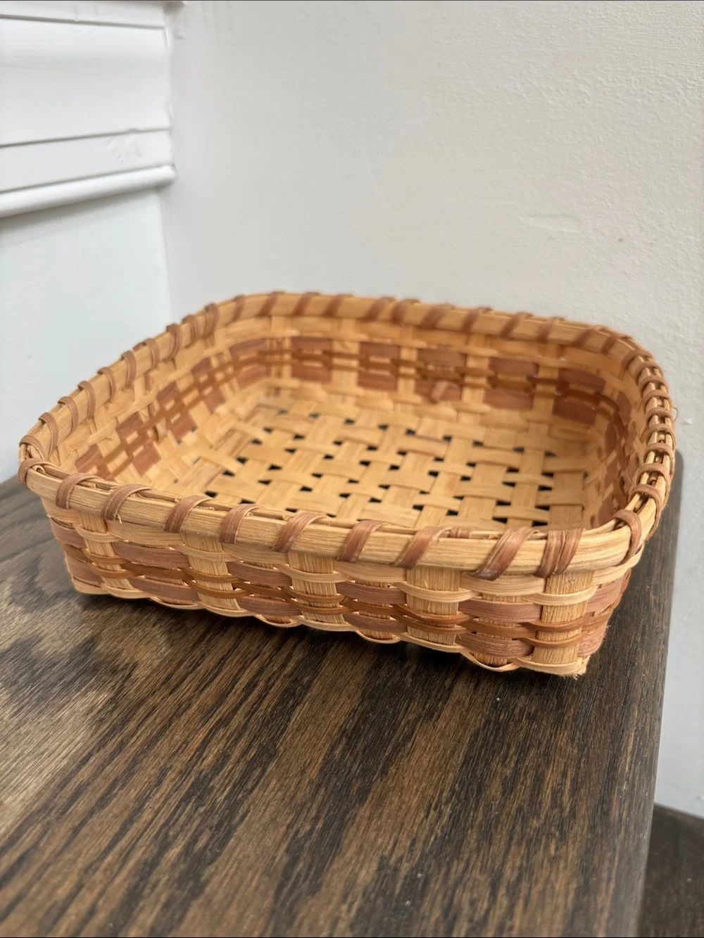 Handwoven square 2 tone basket, tan/brown, lightweight